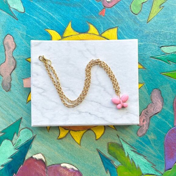 Pink Butterfly Charm Gold Chain Necklace - Picture 2 of 5